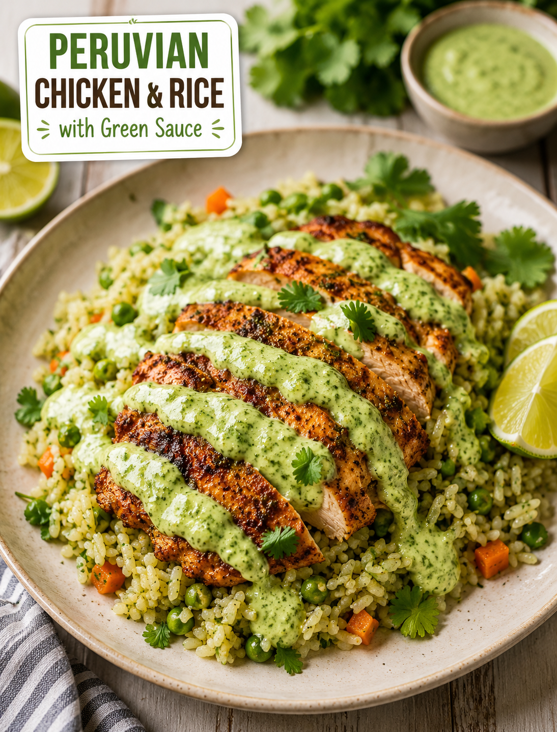 Peruvian chicken and rice served with creamy cilantro jalapeño green sauce, fresh lime, and cilantro