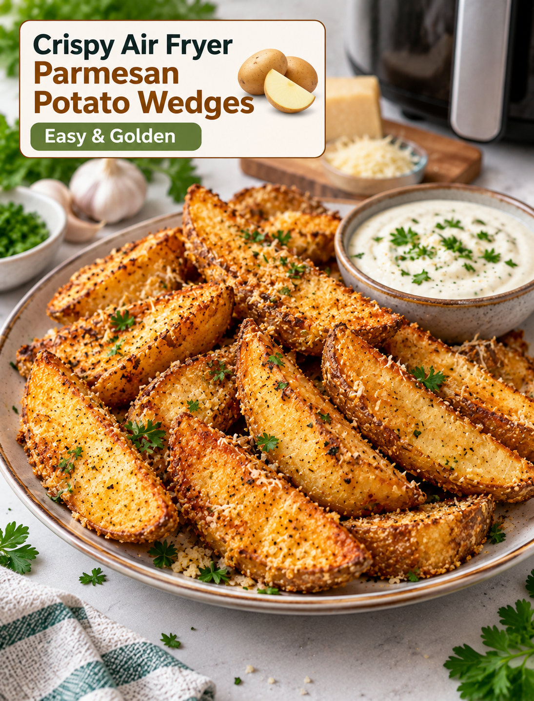 Crispy air fryer Parmesan potato wedges with golden edges, grated cheese, herbs, and dipping sauce
