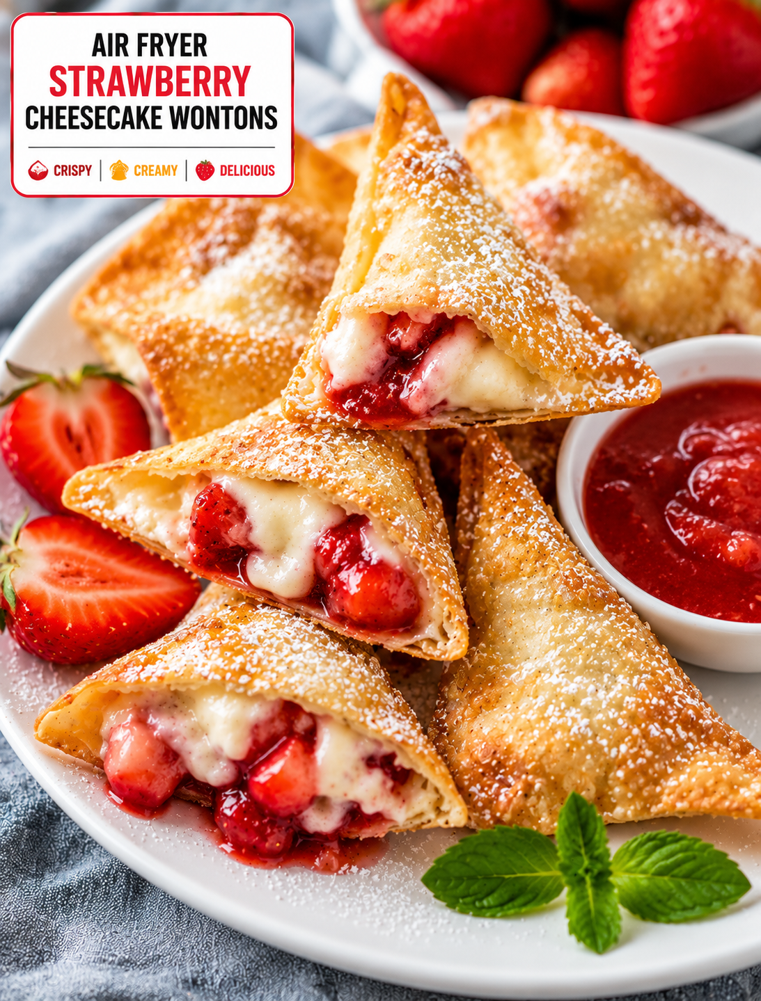 Golden air fryer strawberry cheesecake wontons filled with creamy strawberry cheesecake, dusted with powdered sugar and served with berries