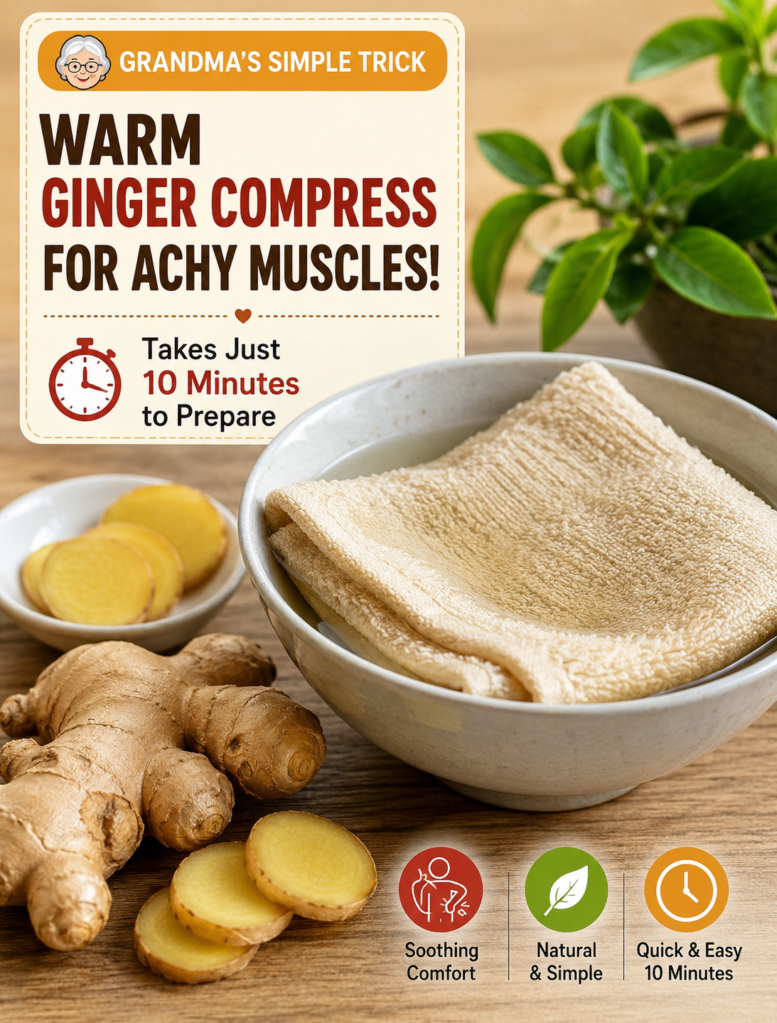 Warm ginger compress made with fresh ginger and a clean cloth for a traditional achy muscle comfort routine