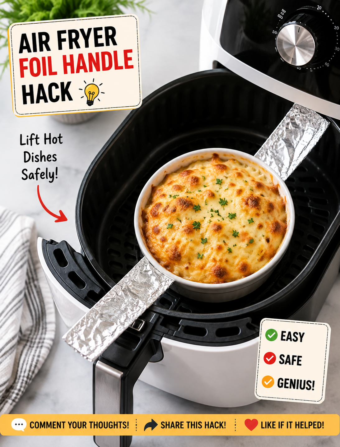 Air fryer foil handle hack showing folded aluminum foil used to lift food from a hot air fryer basket