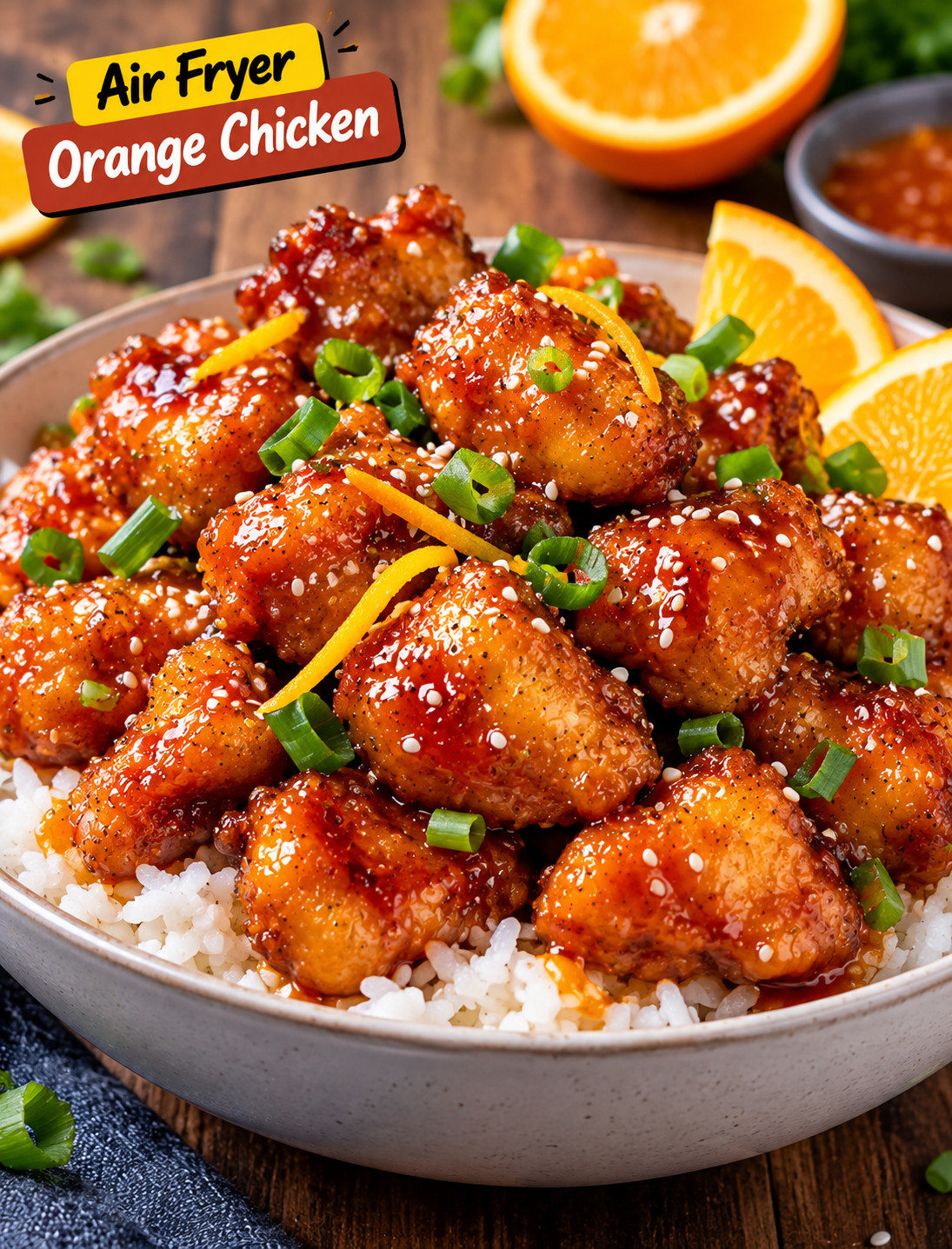 Crispy air fryer orange chicken coated in glossy orange sauce and topped with sesame seeds and green onions.