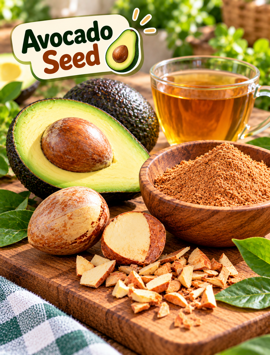 Avocado seed with fresh avocado, seed powder, and tea explaining traditional uses and safety
