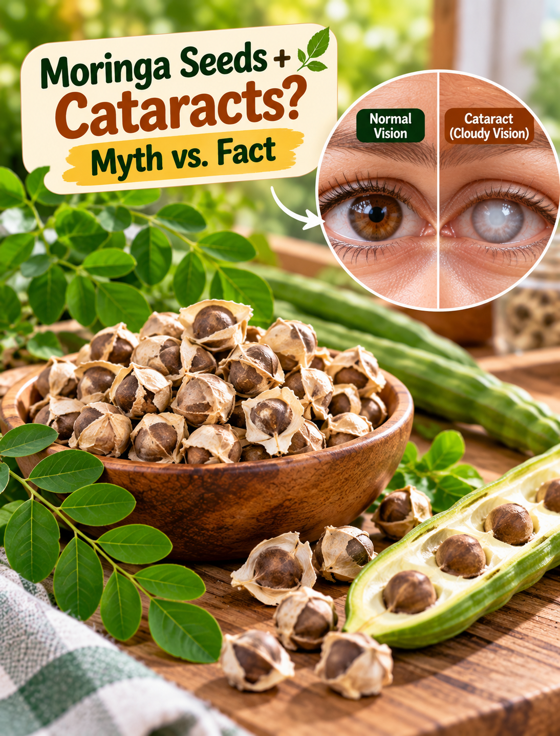 Moringa seeds beside an eye-health illustration explaining cataracts, cloudy vision, and the traditional health claim