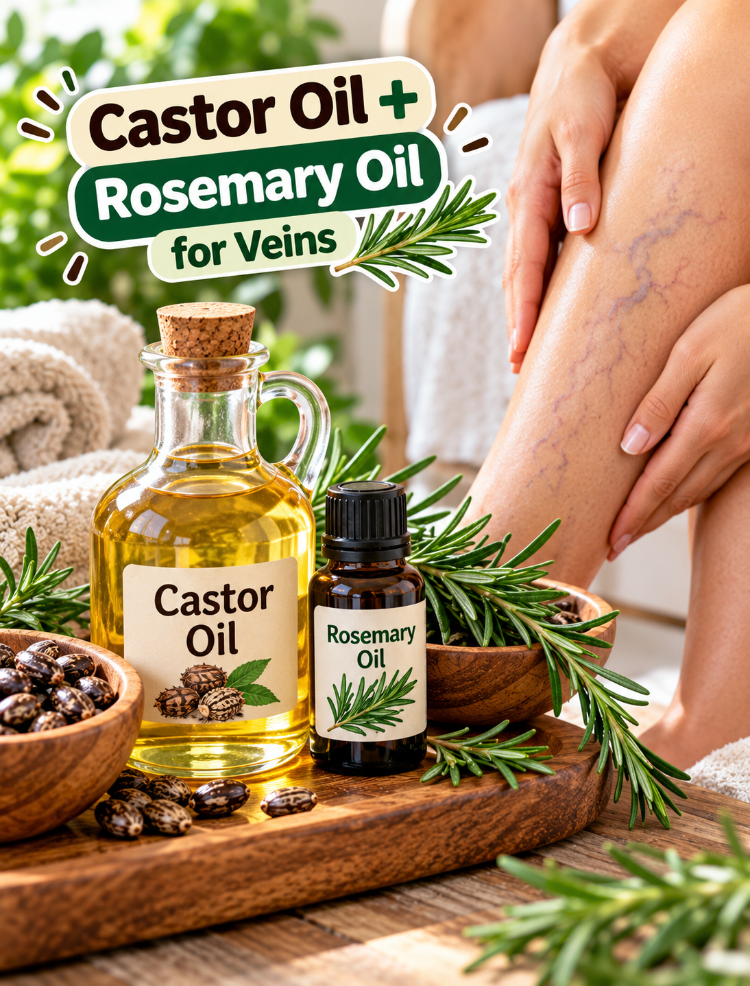 Castor oil and rosemary oil for gentle leg massage with information about vein care and safety