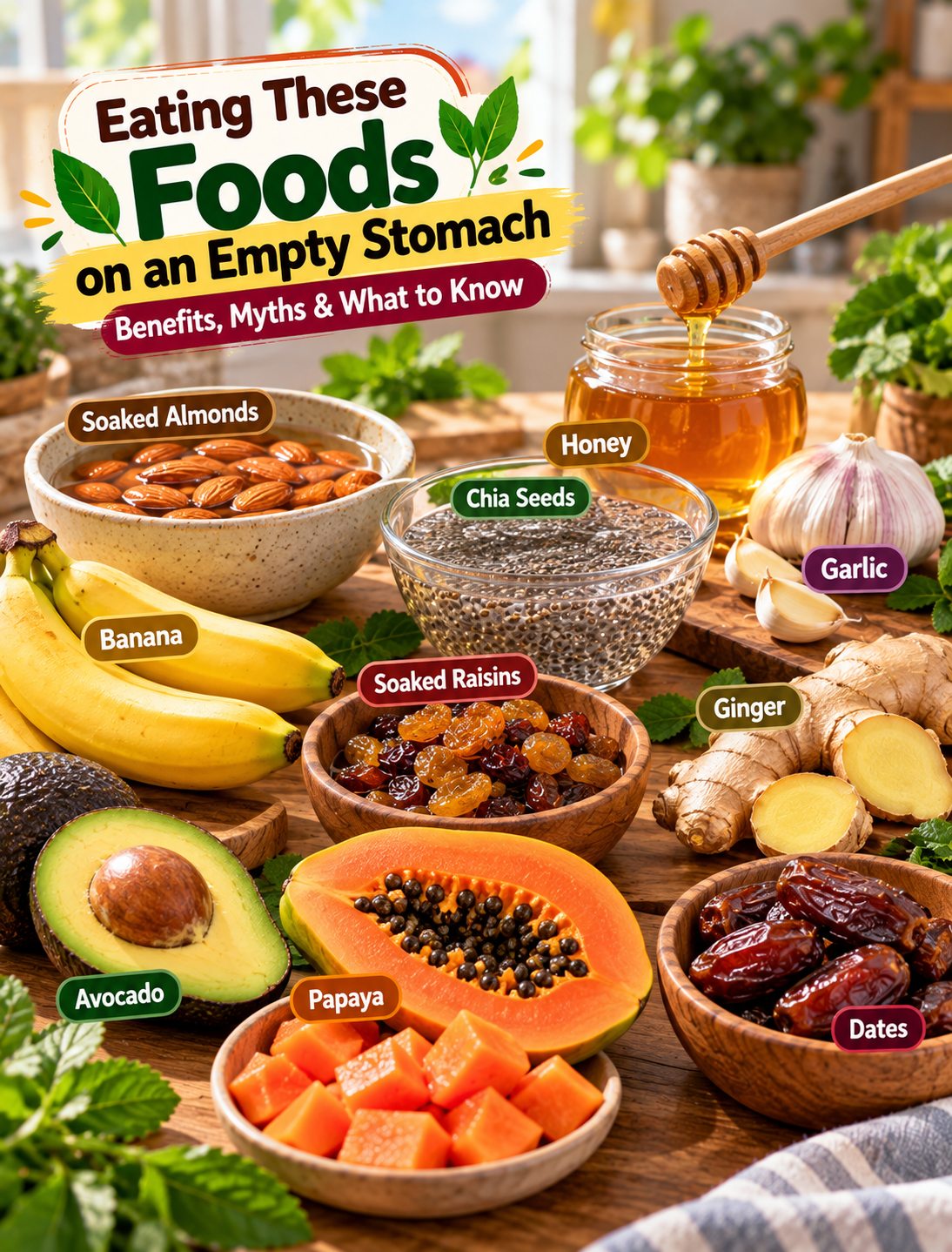 10 healthy foods on an empty stomach including almonds, chia seeds, banana, ginger, avocado, papaya, dates and raisins