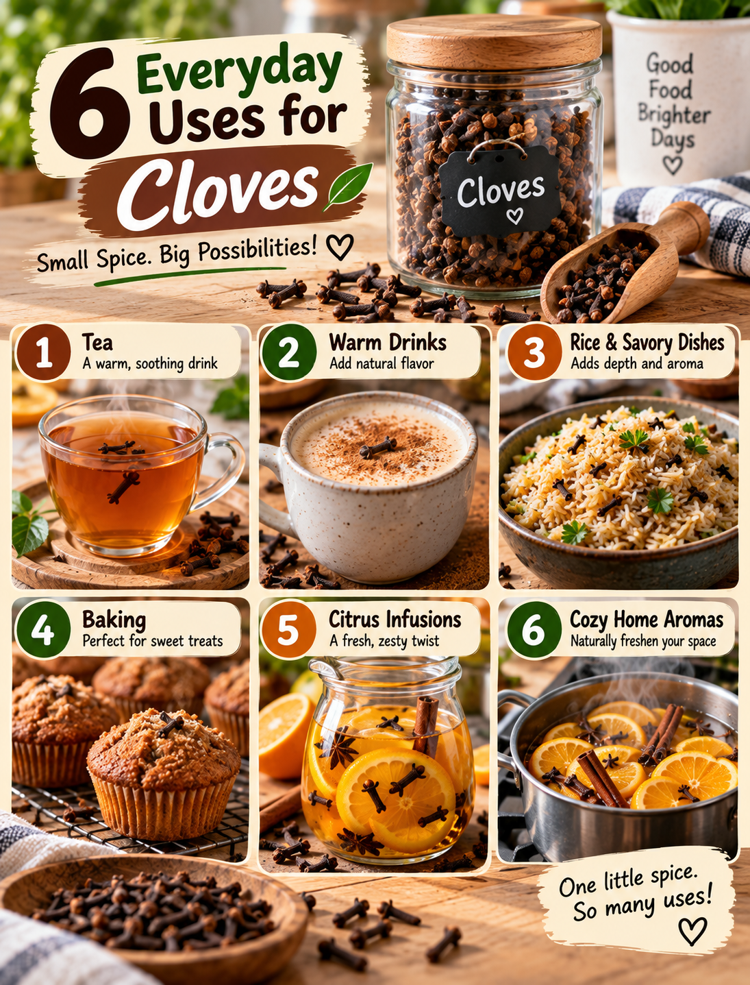 Six everyday uses for cloves including tea, baking, savory cooking, citrus infusion, and home aroma