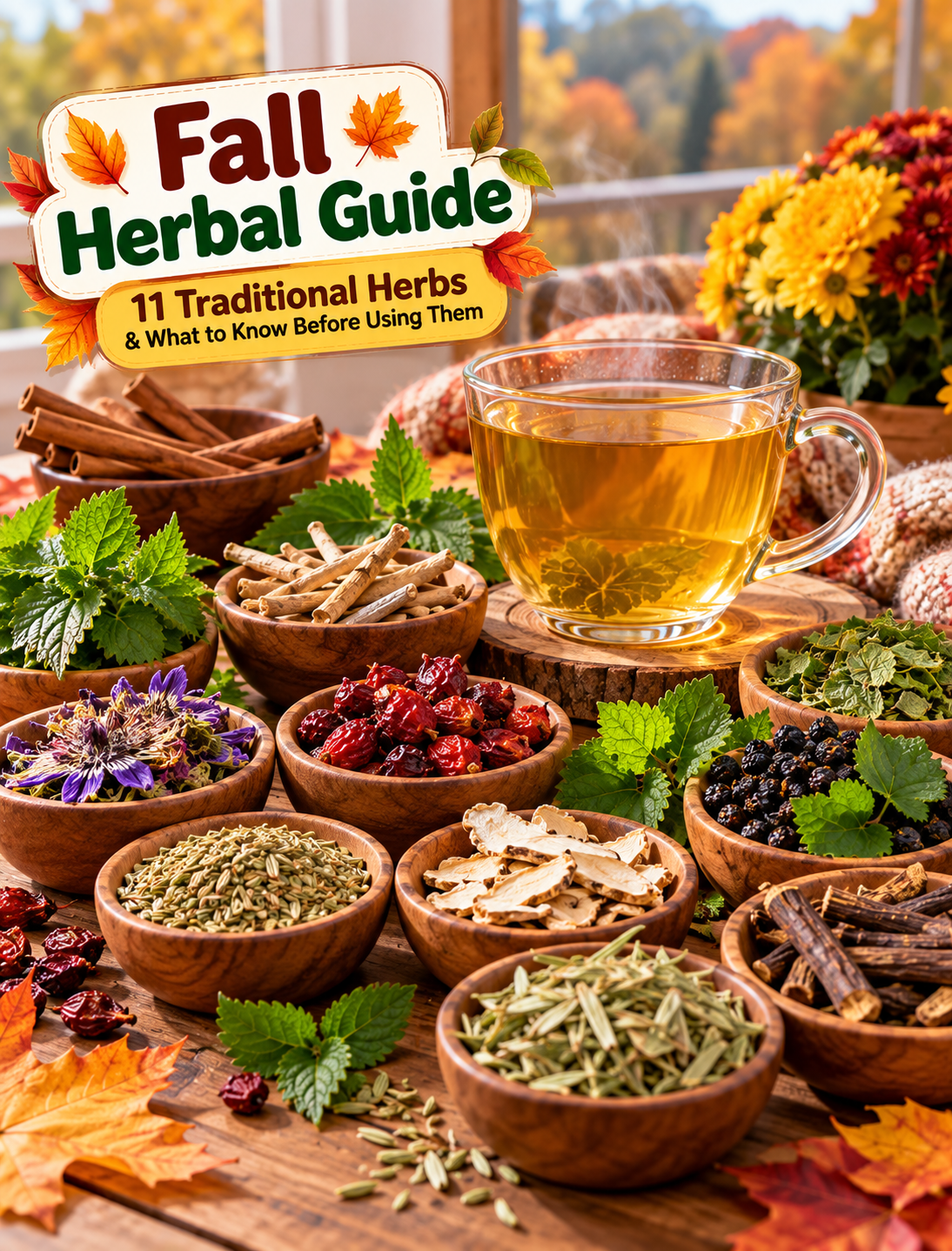 Fall herbal guide featuring 11 traditional herbs including cinnamon, fennel, rosehip, lemon balm, nettle, and licorice root