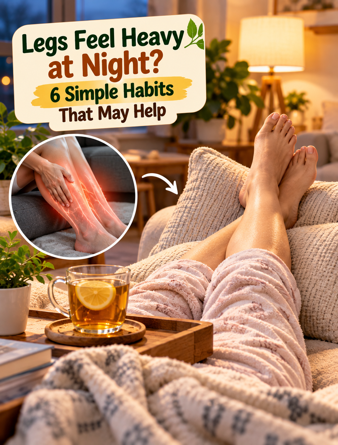 Woman resting with elevated legs at night while learning simple ways to manage heavy legs and leg swelling