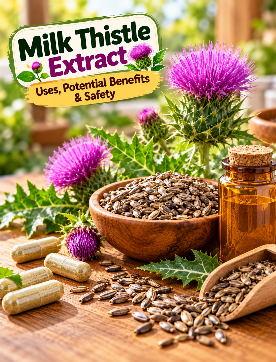 Milk thistle plant, purple flowers, seeds, and herbal extract representing milk thistle benefits and liver health research