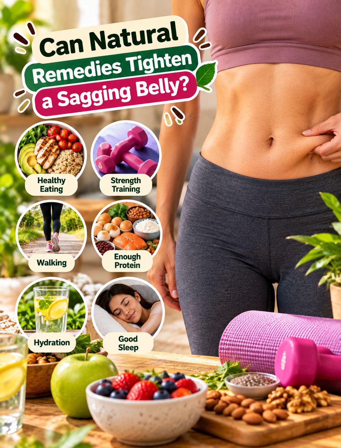 Natural ways to support a sagging belly with balanced meals, walking, protein, hydration, and resistance training