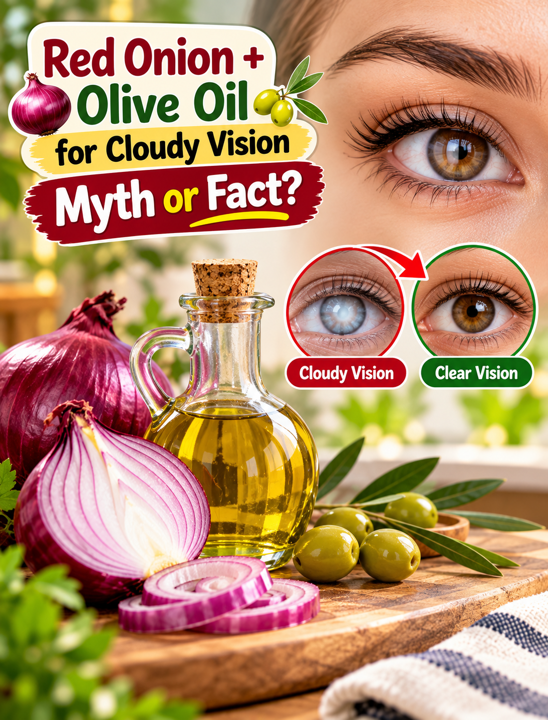 Red onion and olive oil beside an eye-health illustration explaining cloudy vision and cataract safety