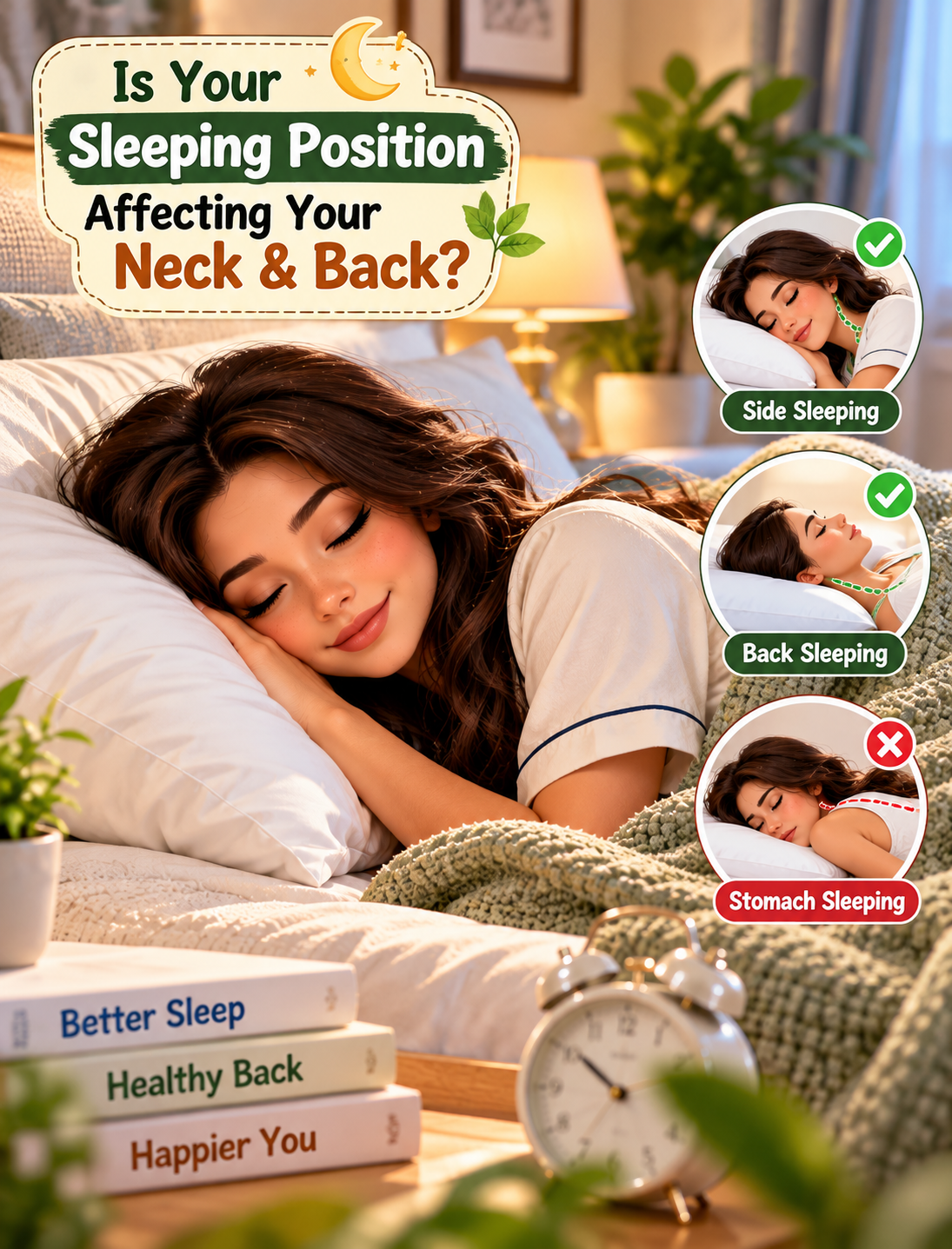 Woman sleeping with proper neck and back alignment using supportive pillows