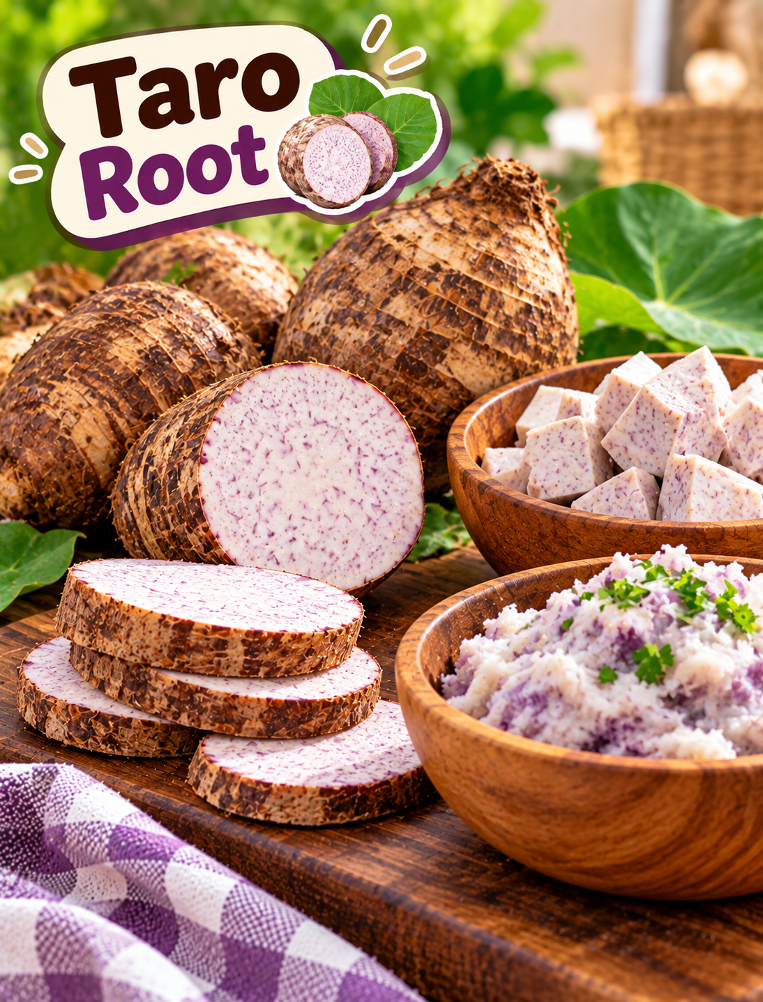 Fresh and cooked taro root showing its nutrition, traditional food uses, and safe cooking preparation