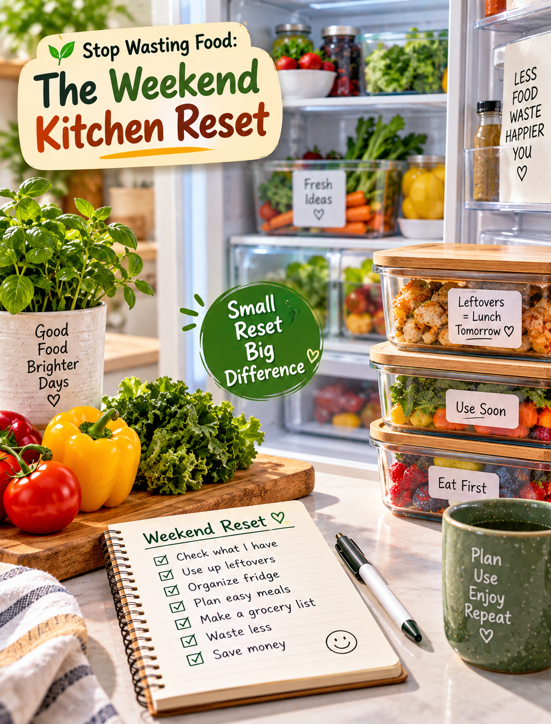 Weekend kitchen reset with organized refrigerator, fresh produce, leftovers, and food storage containers