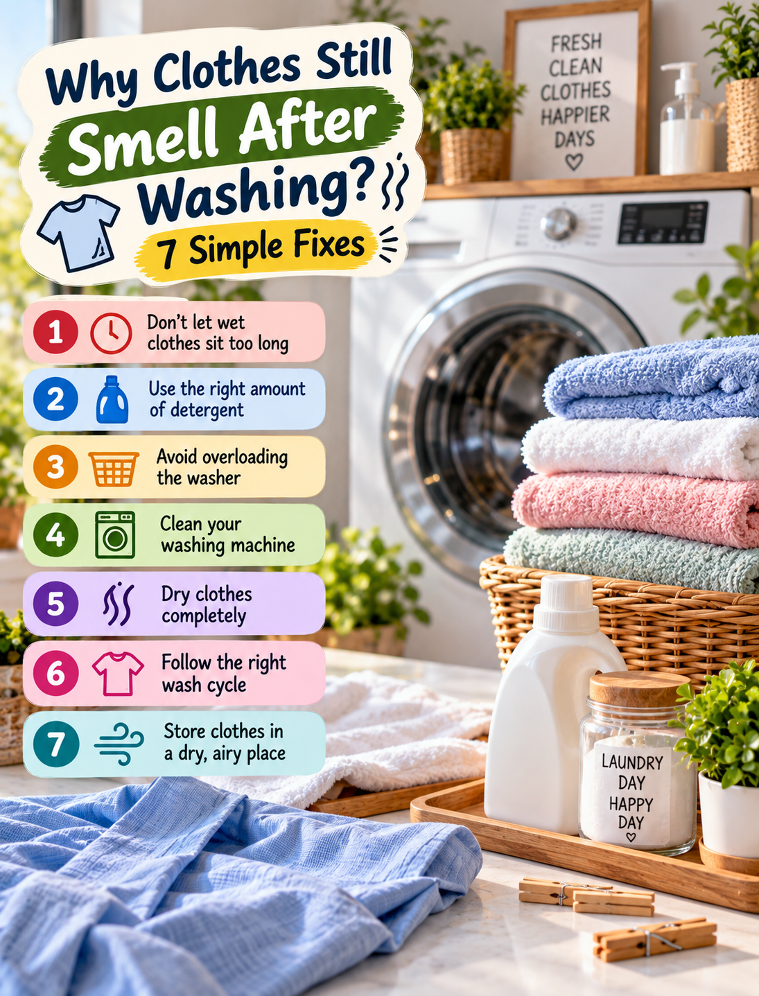 Freshly washed clothes and towels beside a washing machine with tips for removing musty laundry odors