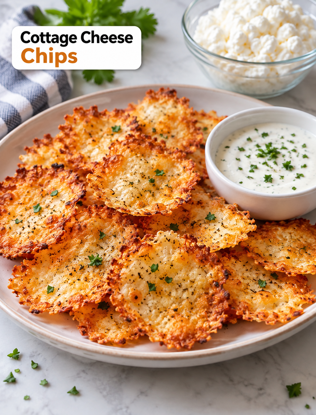 Crispy golden cottage cheese chips on a plate, showing a crunchy high-protein baked snack