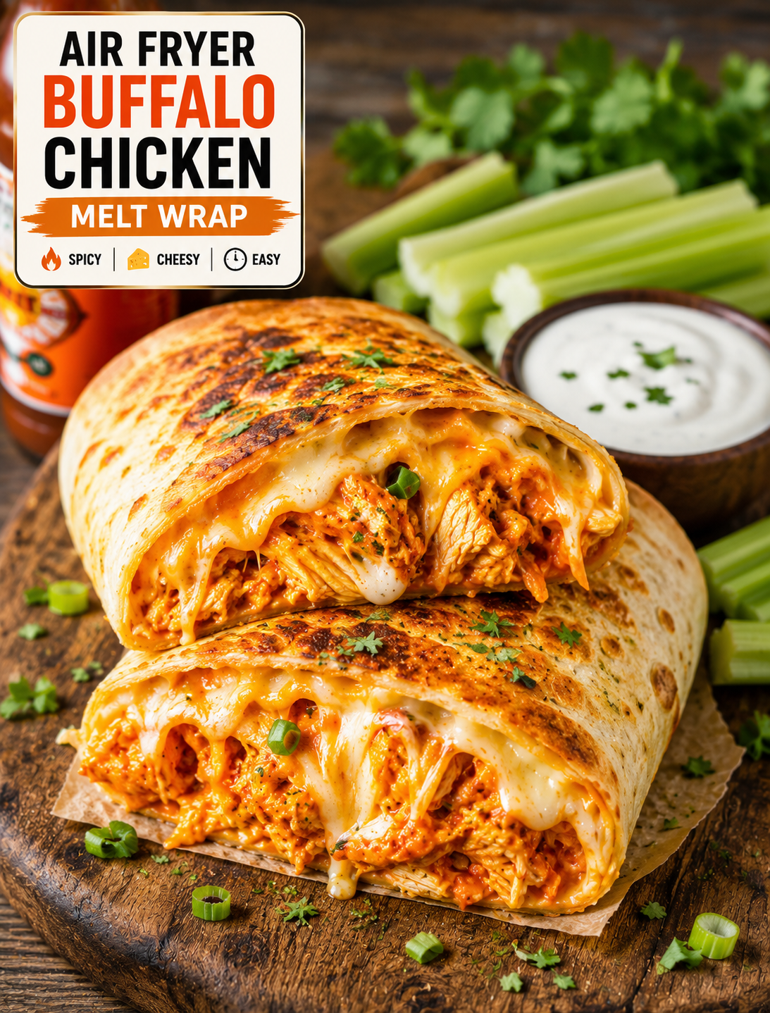 Crispy air fryer buffalo chicken melt wrap sliced open with juicy buffalo chicken, melted cheese, ranch dip, and fresh vegetables