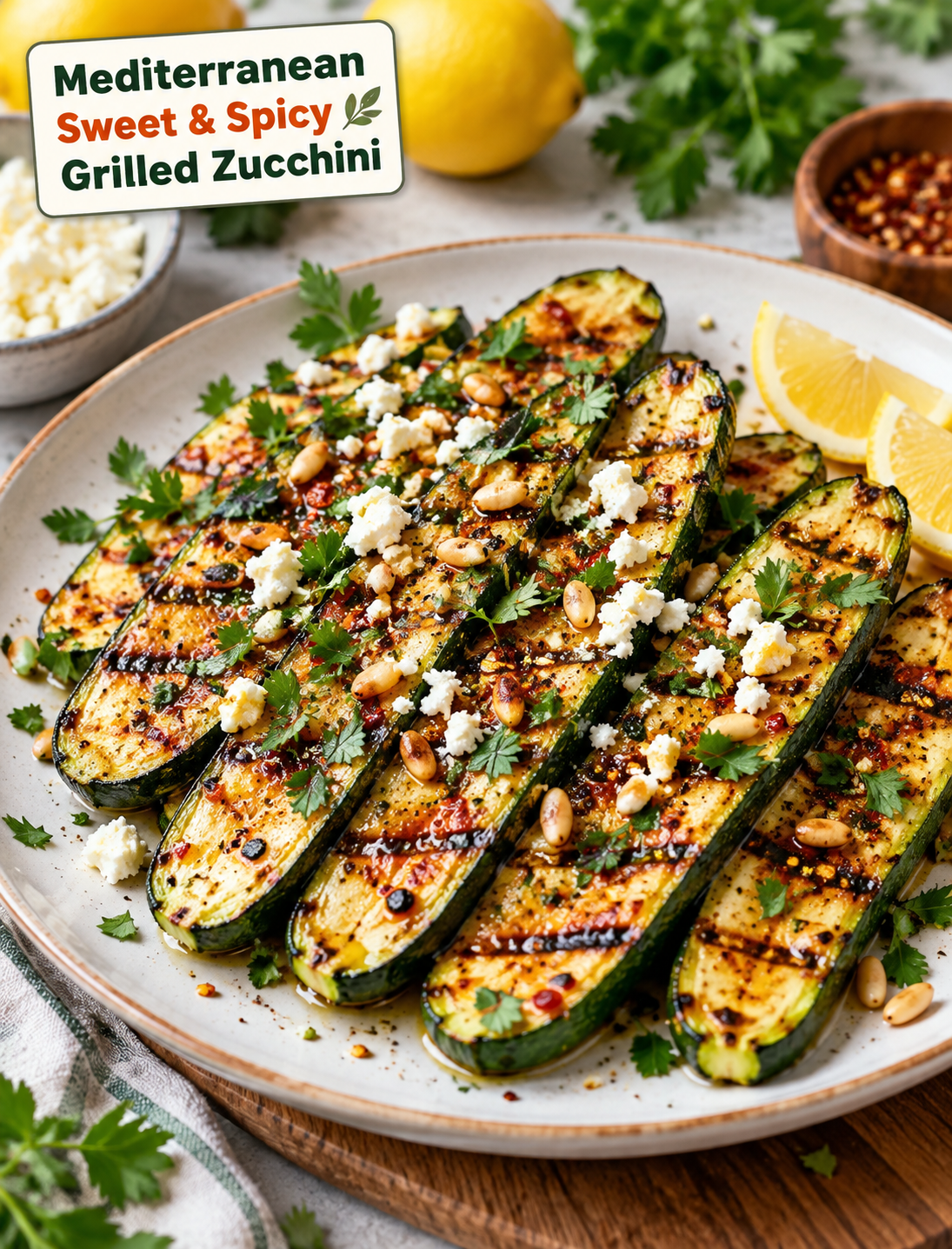 Mediterranean sweet and spicy grilled zucchini with herbs, feta, lemon wedges, and smoky caramelized grill marks