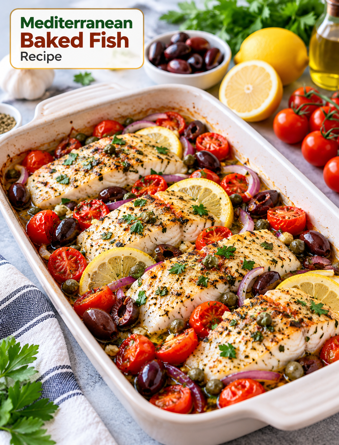Mediterranean baked fish with tomatoes, Kalamata olives, lemon, garlic, and fresh parsley