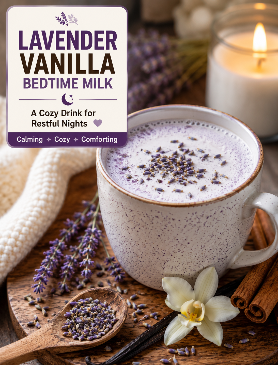 Warm lavender vanilla milk in a glass mug with dried lavender, vanilla, cinnamon, and flowers on a cozy wooden table