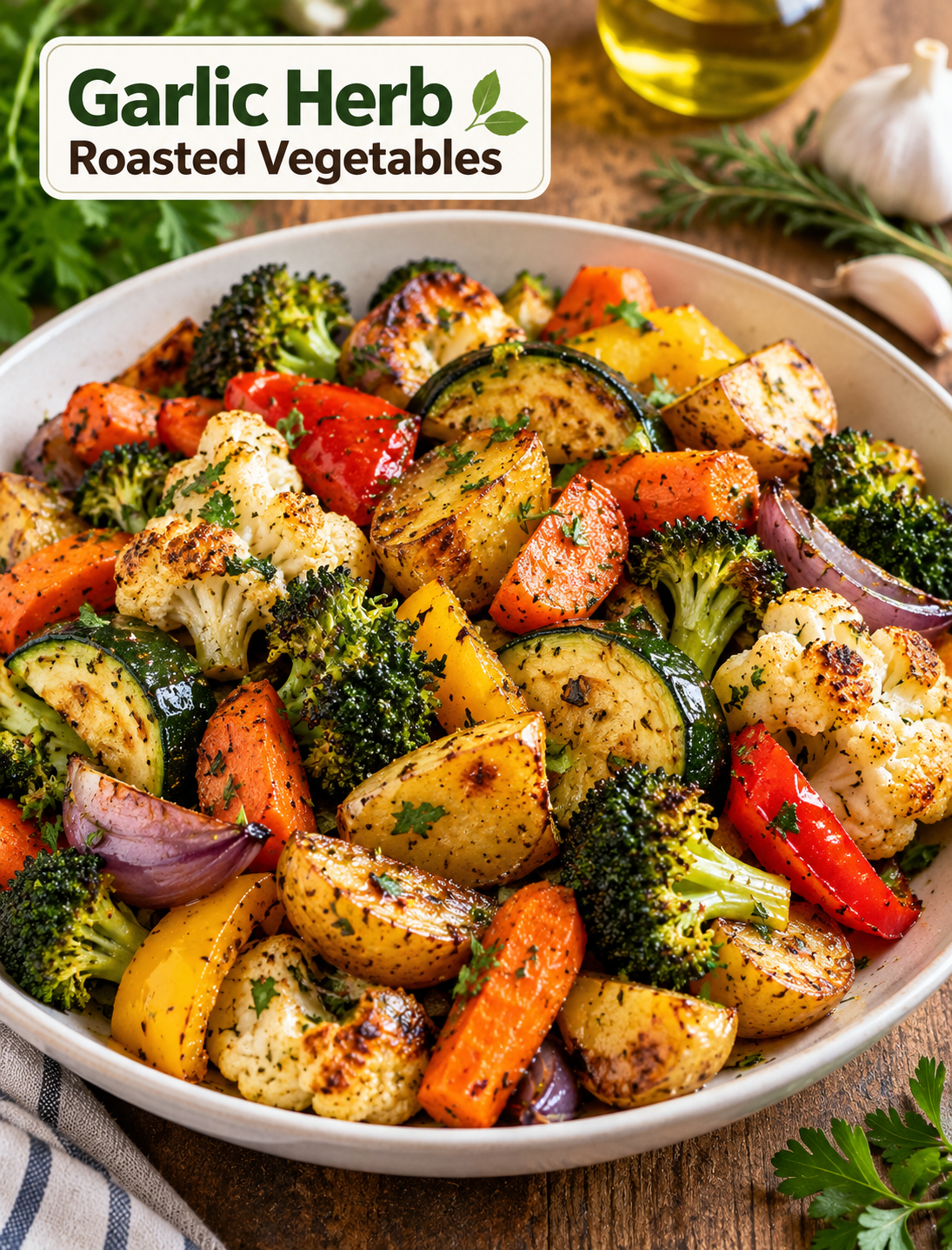 Garlic herb roasted vegetables with carrots, broccoli, cauliflower, peppers, zucchini, onions, and potatoes on a baking sheet