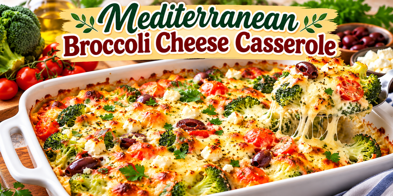 Mediterranean Broccoli Cheese Casserole with broccoli feta cheese tomatoes and olives