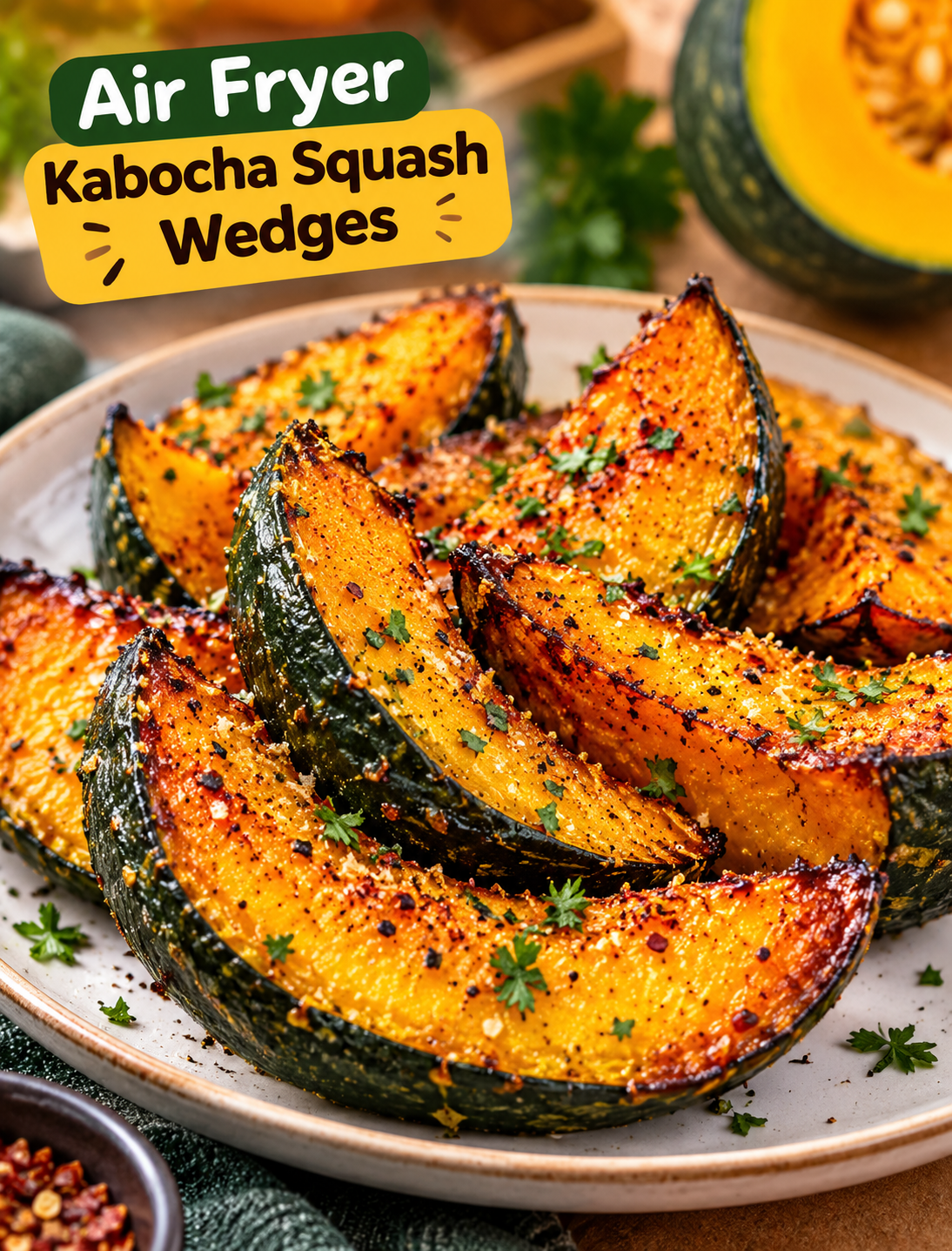Crispy air fryer kabocha squash wedges with caramelized edges and tender orange centers on a serving plate
