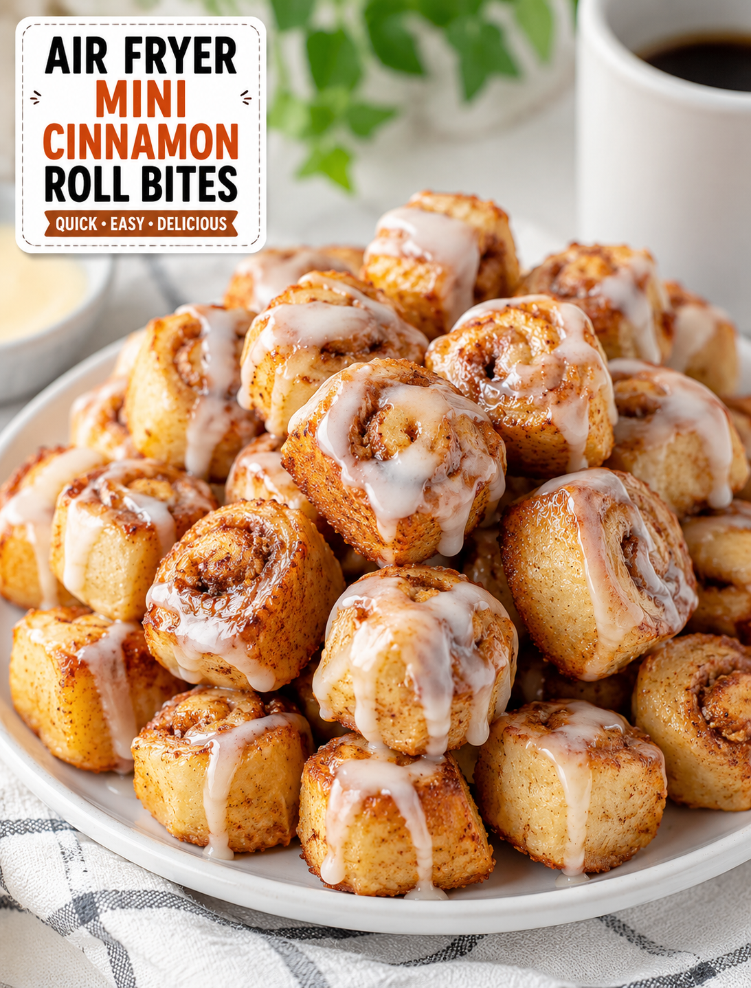 Golden mini cinnamon roll bites with cinnamon sugar and sweet icing served on a white plate