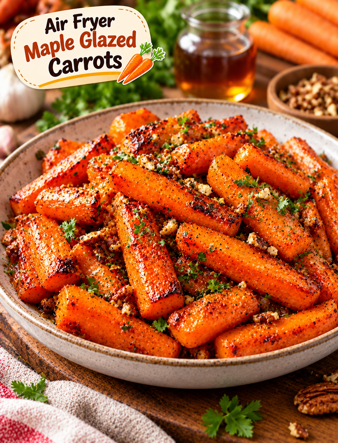 Air Fryer Maple Glazed Carrots with caramelized edges, maple glaze, fresh herbs, and chopped pecans.