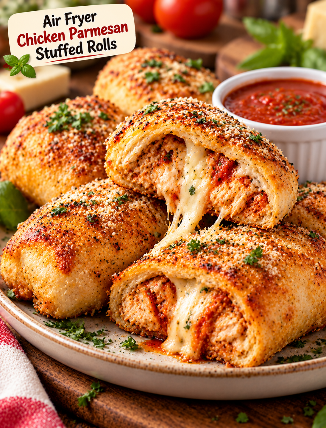 Air Fryer Chicken Parmesan Stuffed Rolls filled with chicken, marinara, mozzarella, and Parmesan, served with warm marinara dipping sauce.