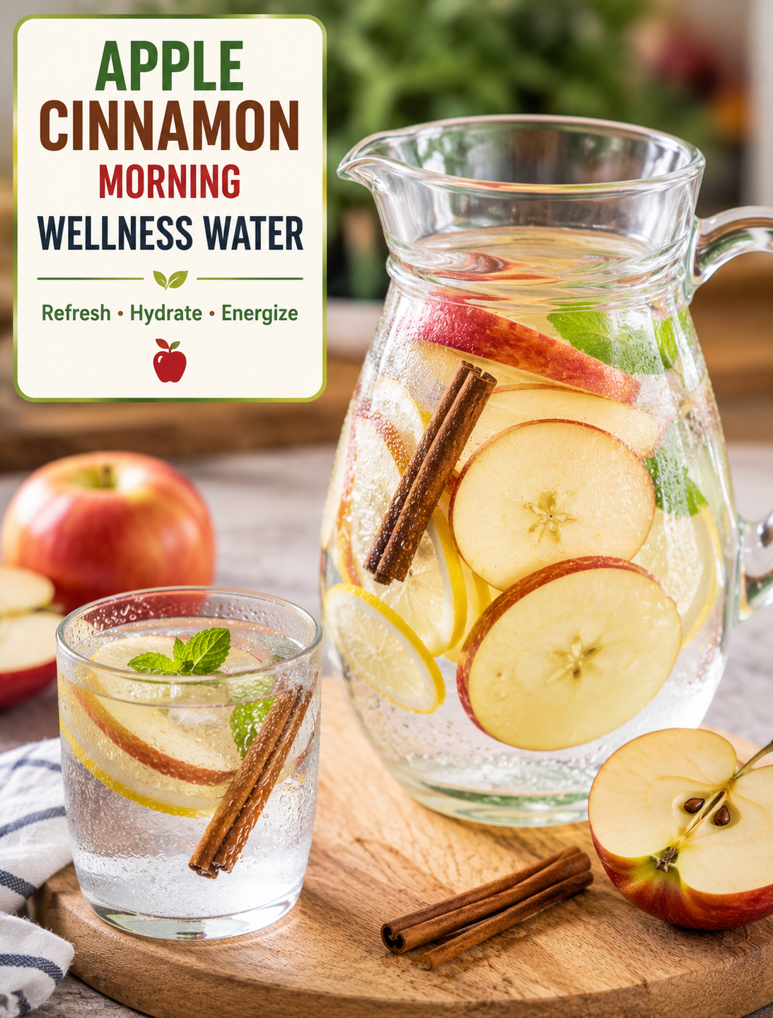 Apple cinnamon infused water with fresh apple slices, lemon, cinnamon sticks, and mint in a glass pitcher