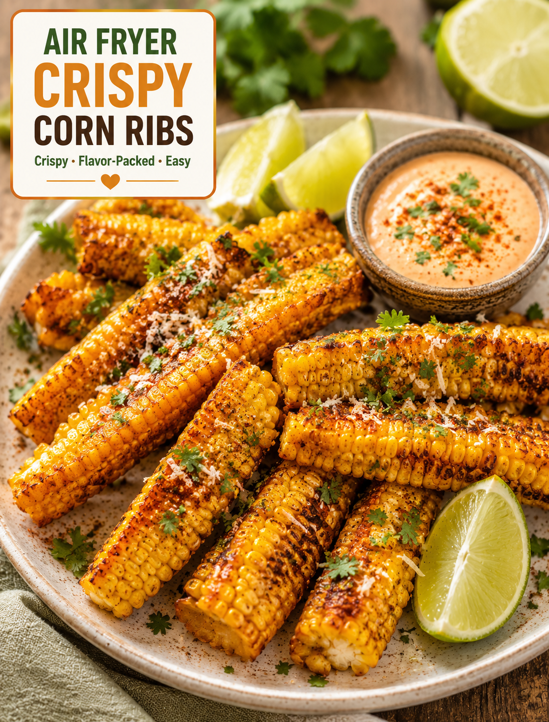 Crispy air fryer corn ribs seasoned with paprika and garlic, garnished with cilantro and lime on a rustic serving plate