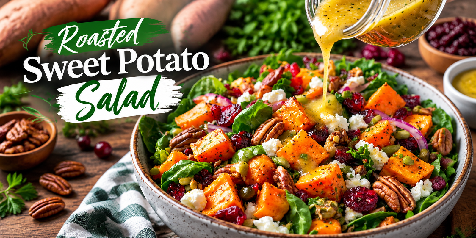 Roasted Sweet Potato Salad with feta cheese pecans cranberries fresh greens and homemade dressing