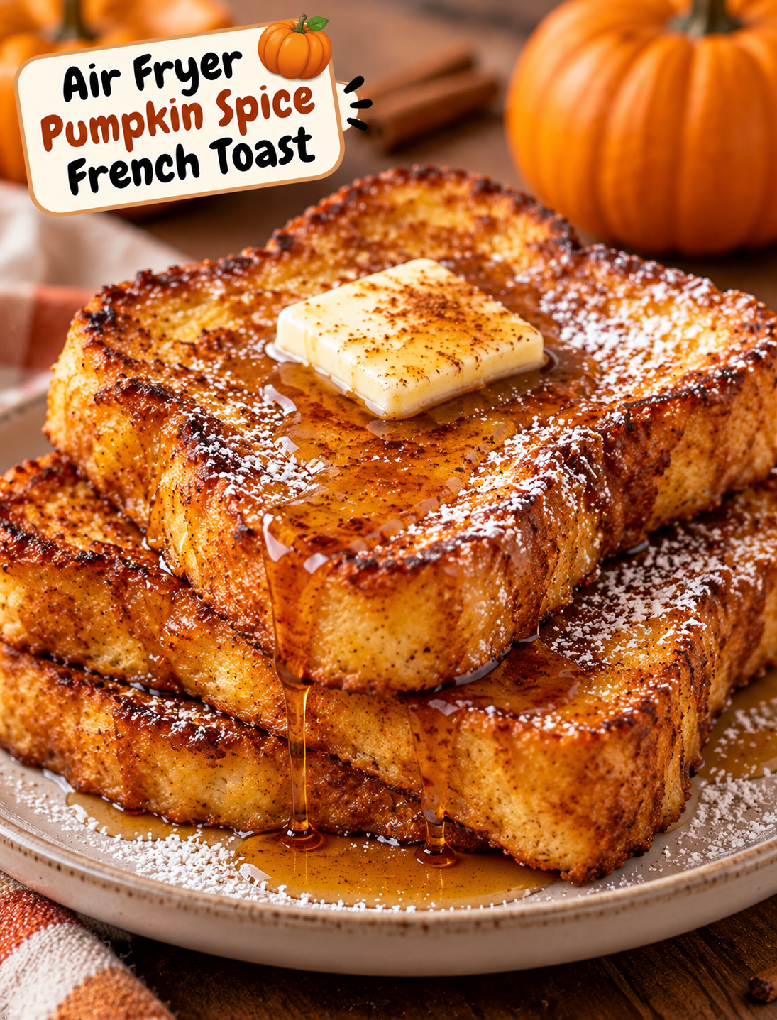 Air Fryer Pumpkin Spice French Toast with golden edges, pumpkin spice, maple syrup, and powdered sugar