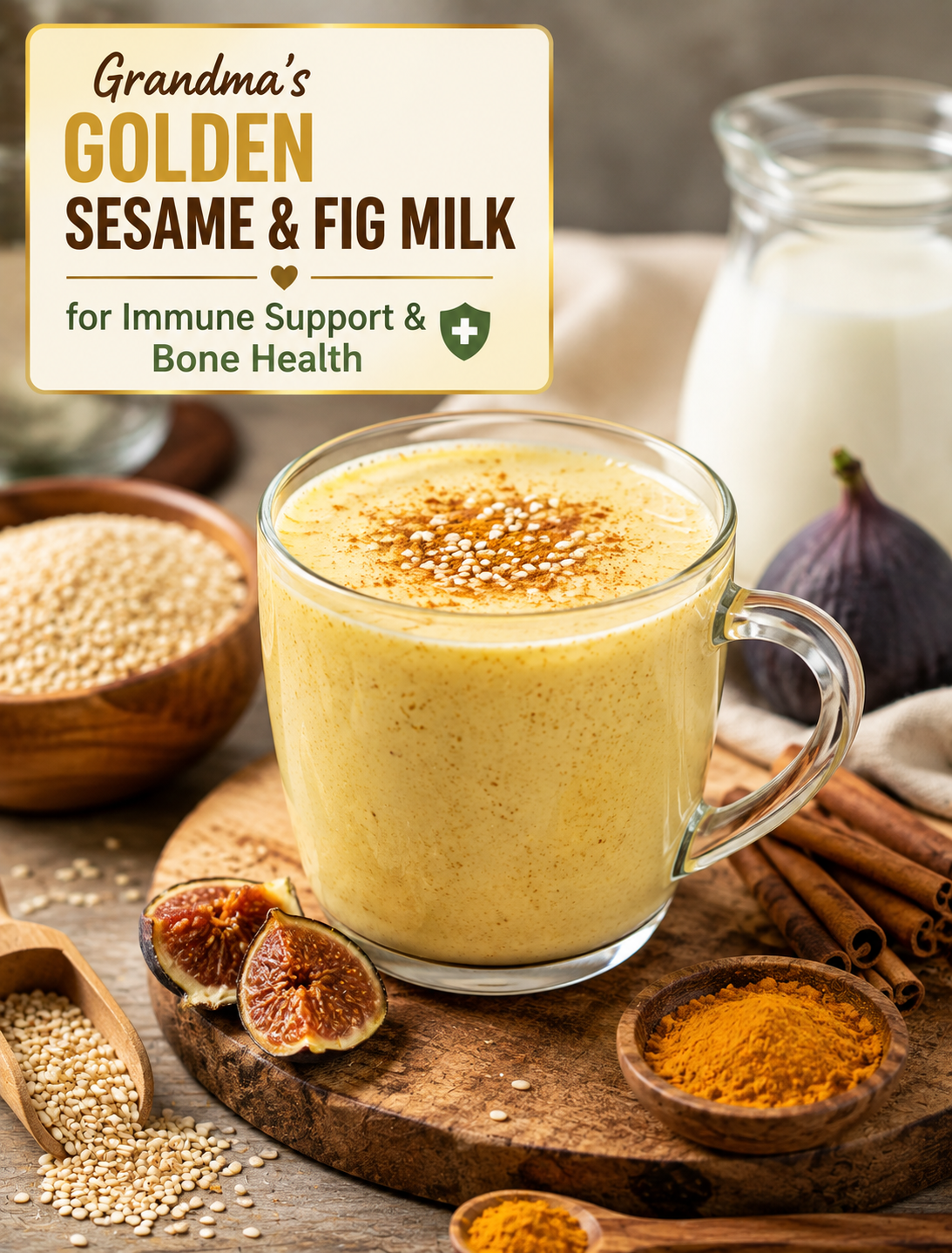 Golden sesame and fig milk in a glass with dried figs, sesame seeds, cinnamon, and turmeric on a rustic kitchen table