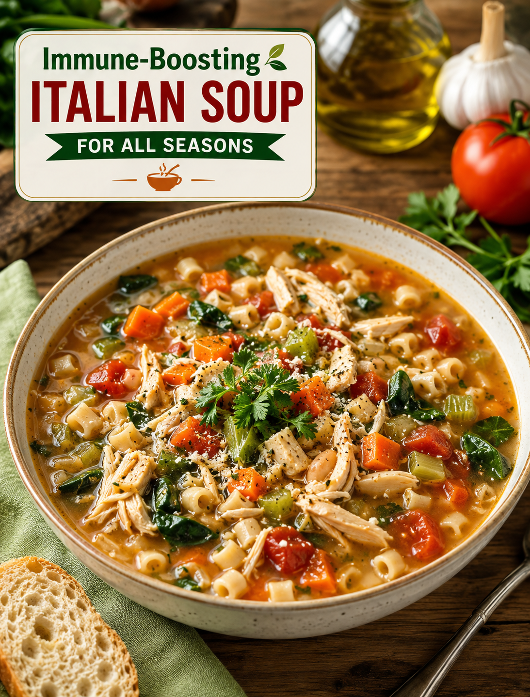 Immune-Boosting Italian Soup with shredded chicken, vegetables, tomatoes, herbs, and pasta served in a bowl