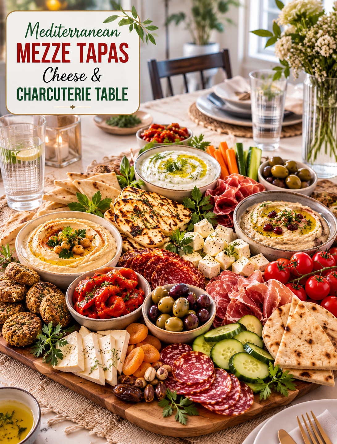 Mediterranean mezze tapas cheese and charcuterie table with hummus, halloumi, feta, olives, pita, vegetables, and cured meats
