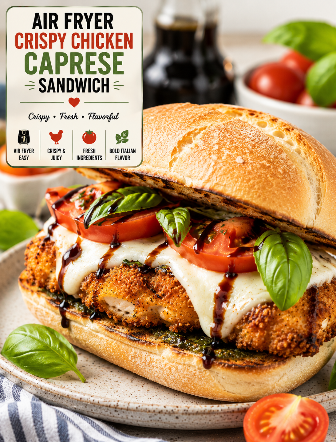 Crispy air fryer chicken Caprese sandwich with golden chicken, melted mozzarella, fresh tomato, basil, and balsamic glaze on toasted ciabatta