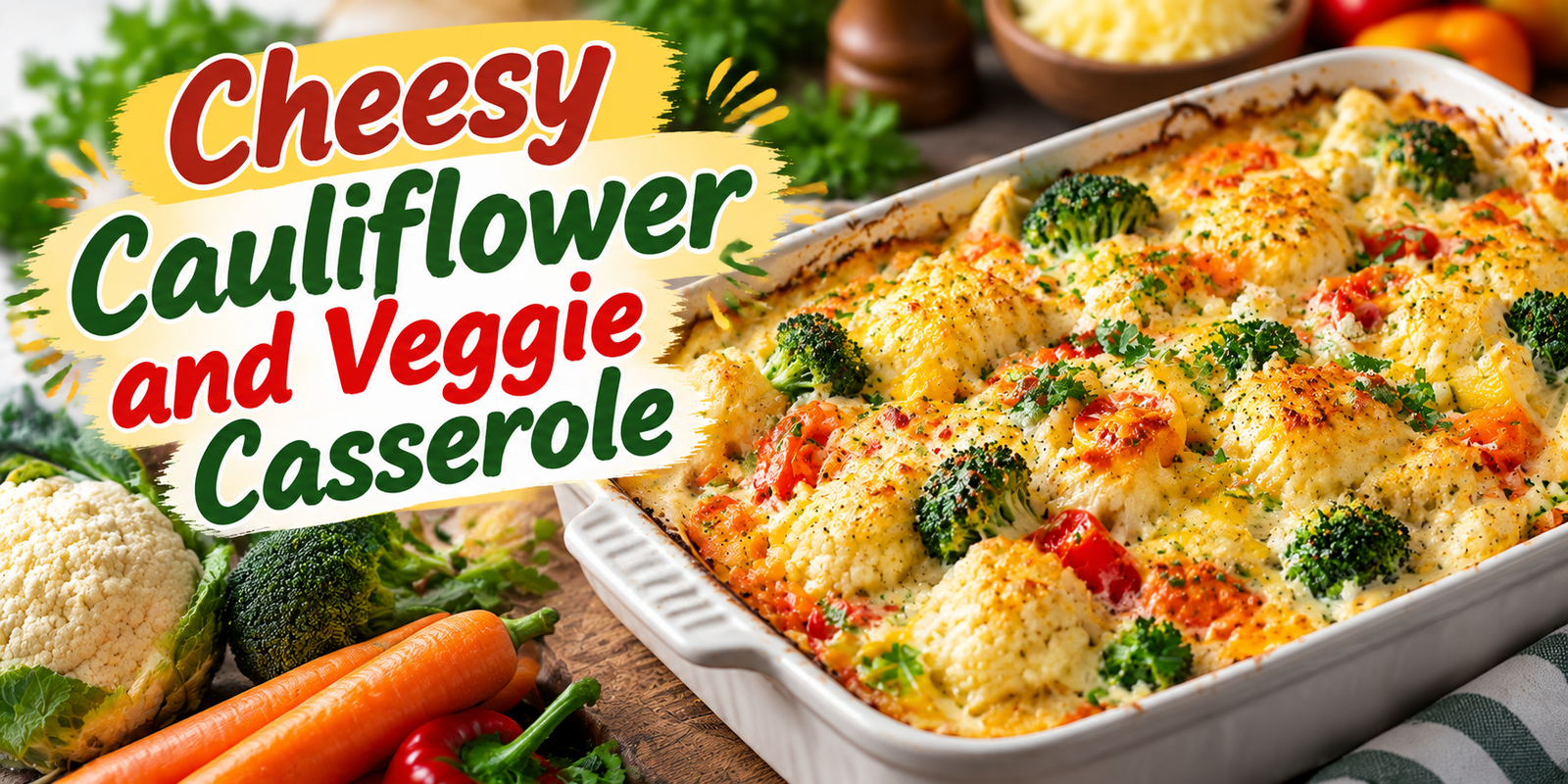 Cheesy Cauliflower Casserole with vegetables, creamy cheese sauce, and golden baked topping