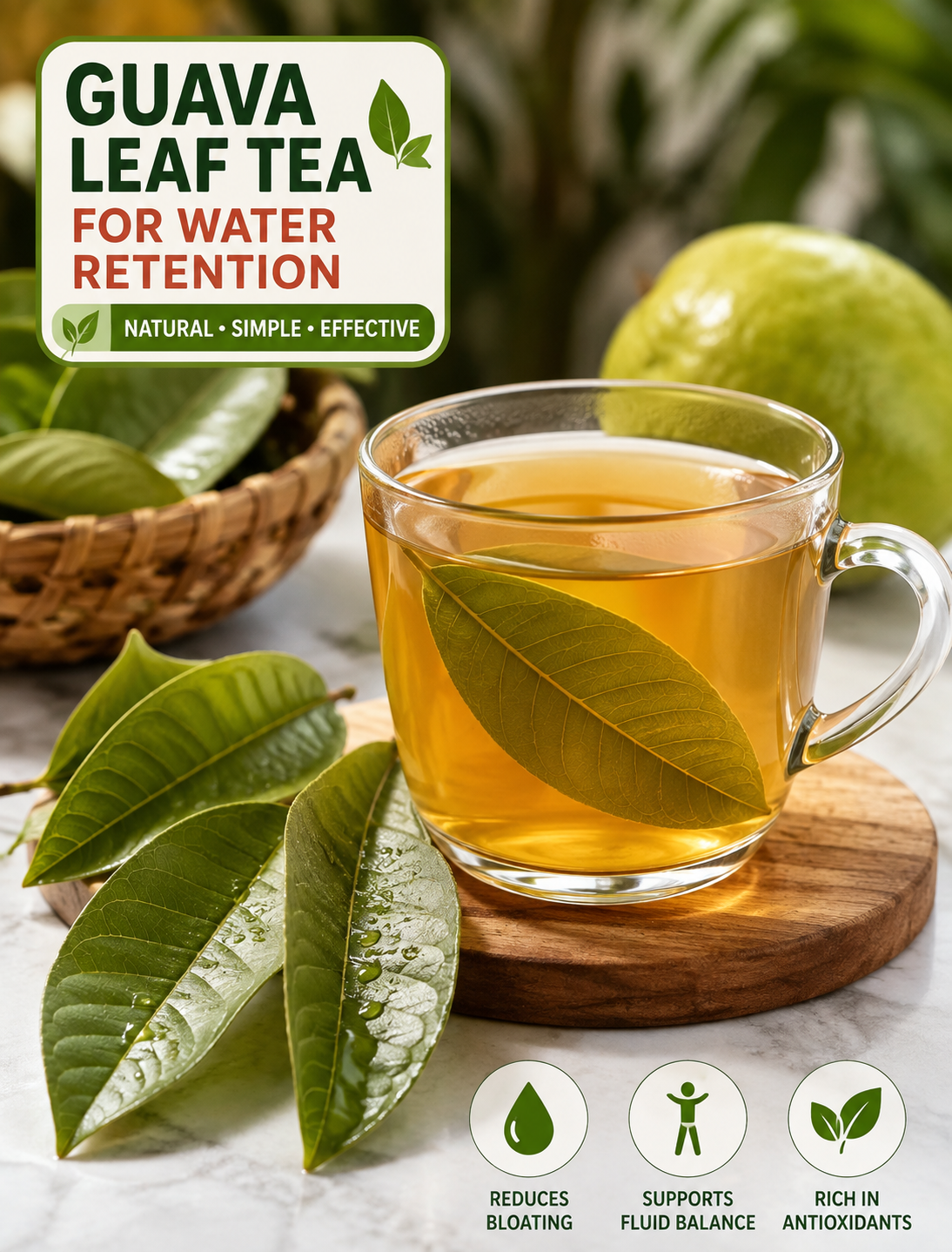 Homemade guava leaf tea in a glass cup with fresh guava leaves for a healthy morning routine