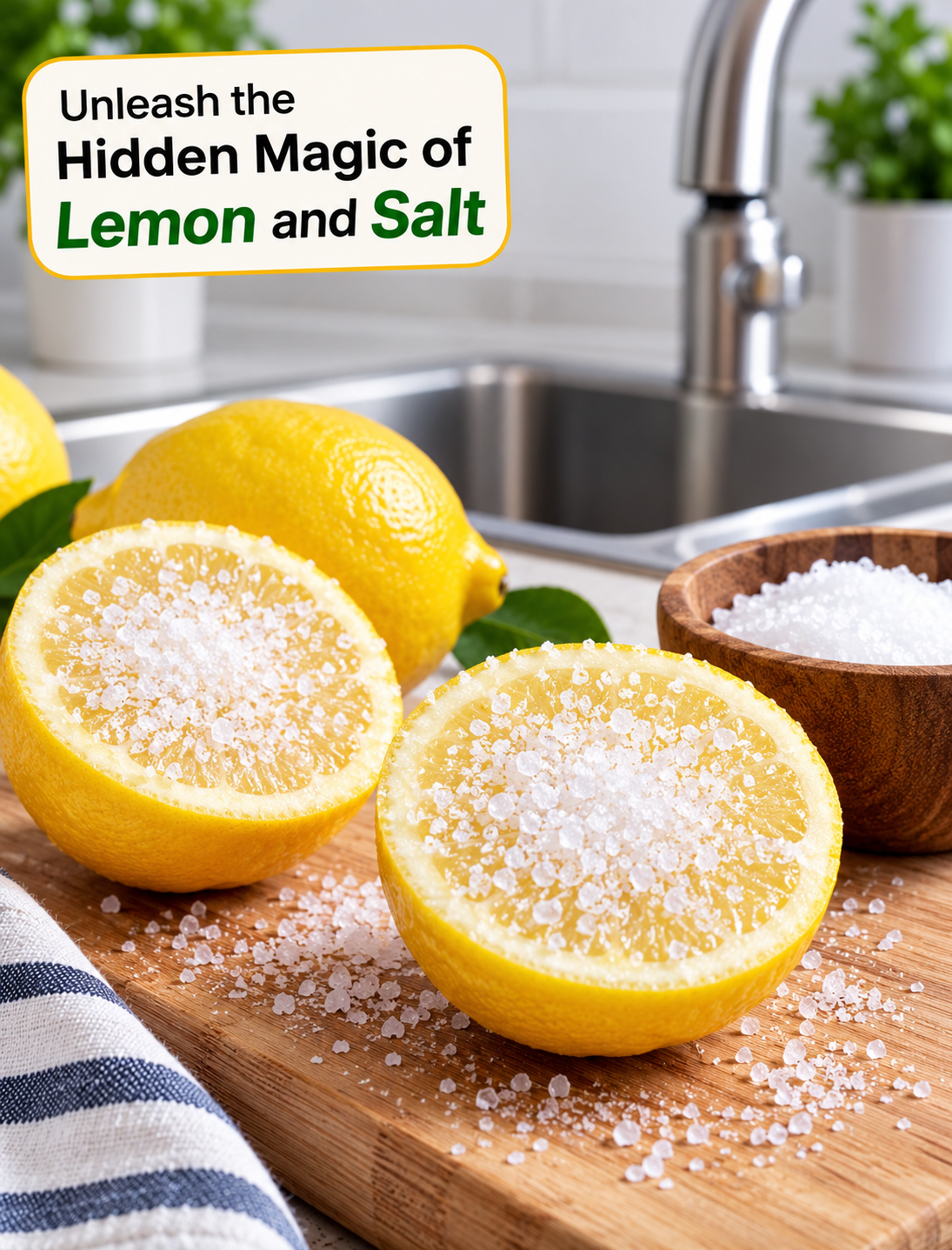 Lemon halves sprinkled with salt beside a clean kitchen sink showing a natural lemon and salt cleaning method