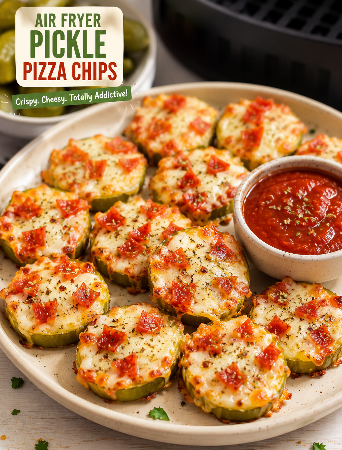 Crispy Air Fryer Pickle Pizza Chips topped with melted mozzarella and pepperoni, served with marinara dipping sauce.