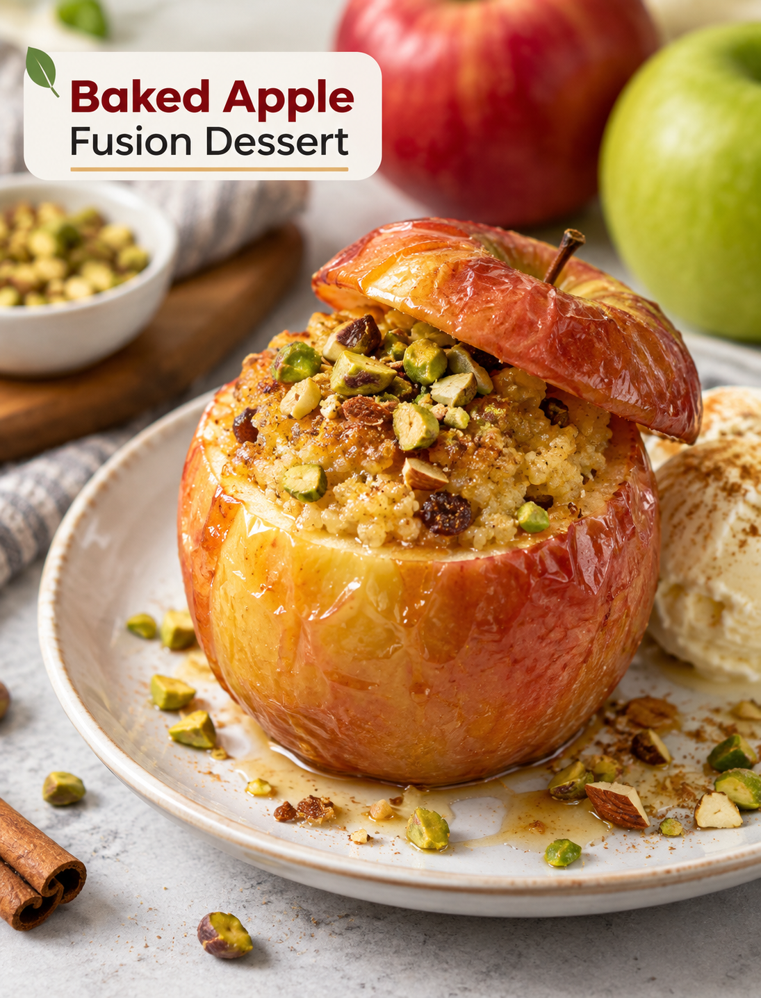 Baked apple fusion dessert filled with halva-style semolina, nuts, cardamom, and topped with pistachios