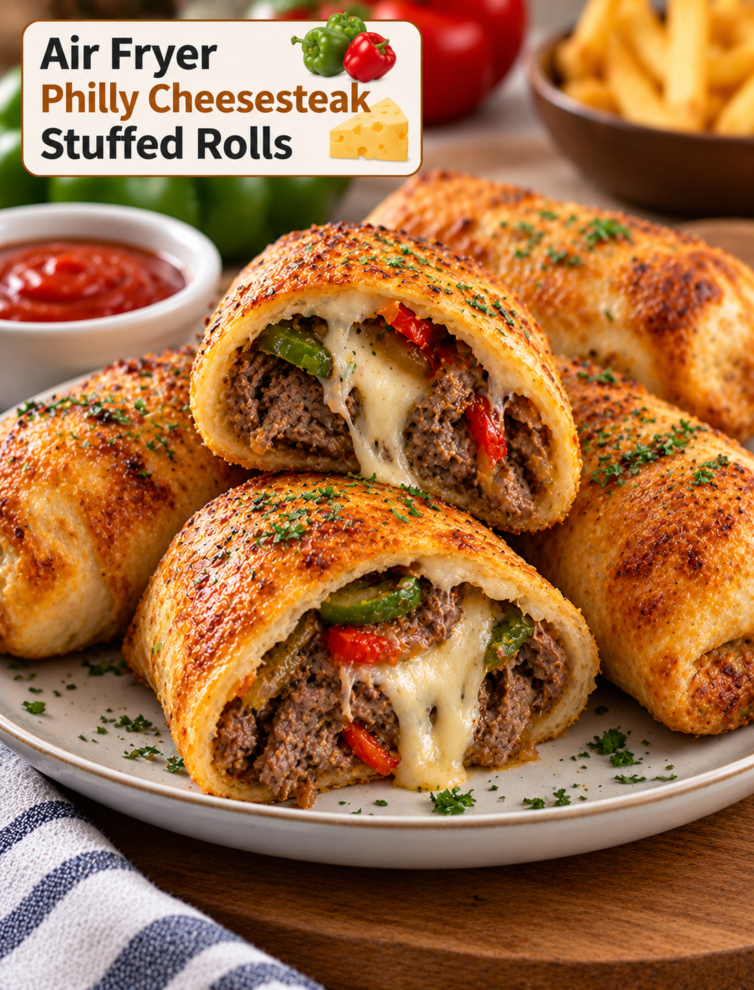 Golden crispy Philly cheesesteak stuffed rolls filled with tender beef, melted cheese, sautéed peppers and onions