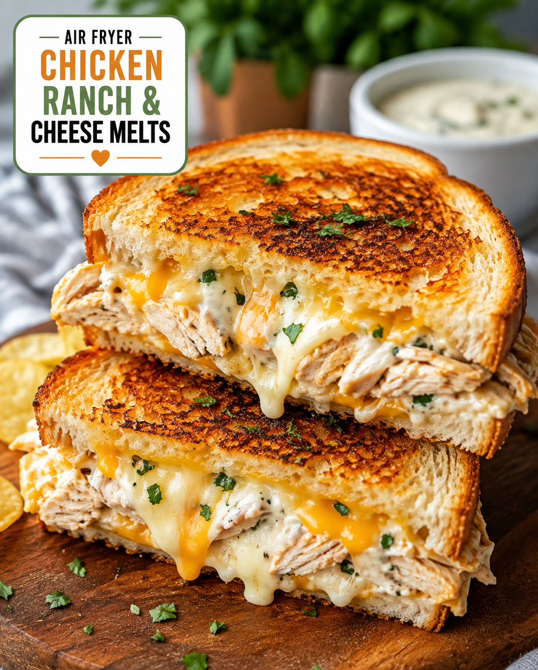 Air Fryer Chicken Ranch & Cheese Melts with crispy golden bread, tender chicken, ranch dressing, and melted cheese