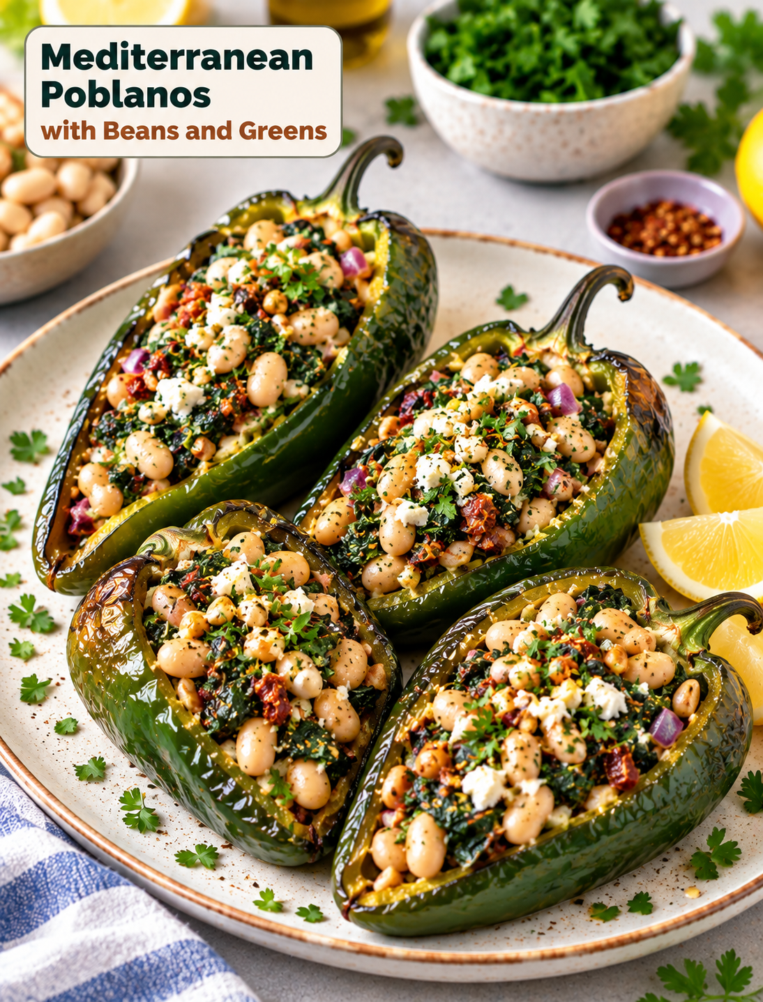 Mediterranean poblano peppers stuffed with white beans, leafy greens, herbs, and spices