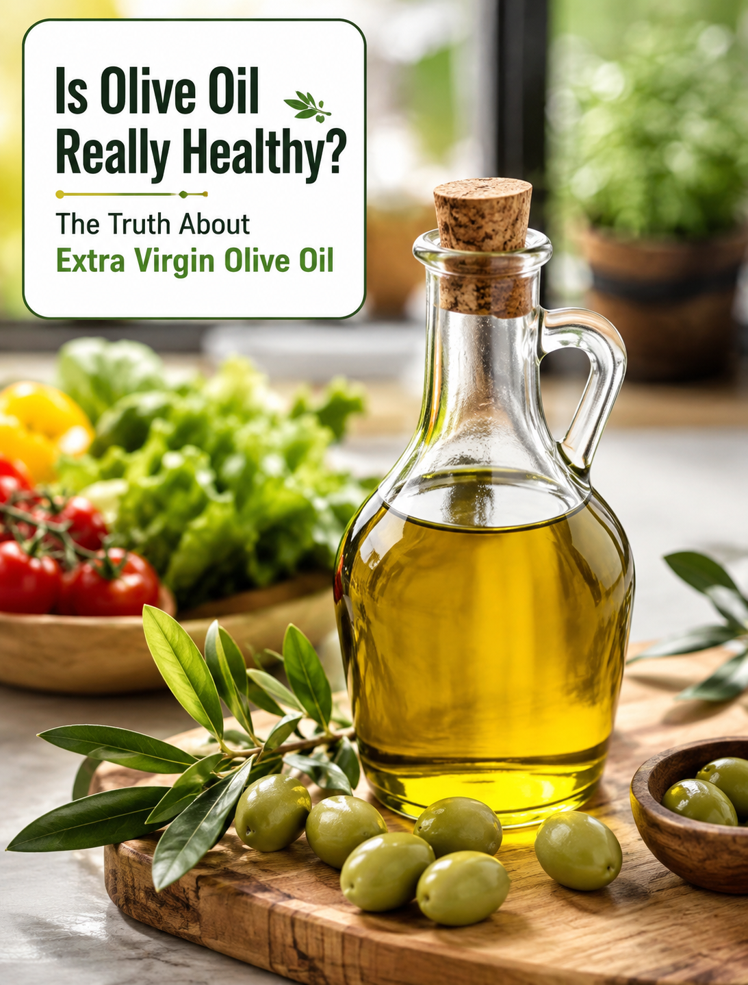 Extra virgin olive oil in a glass bottle with fresh olives, herbs, and vegetables on a kitchen table