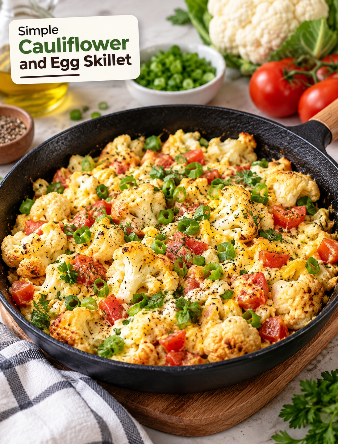 Simple cauliflower and egg skillet with tomatoes, spring onions, and creamy sour cream sauce
