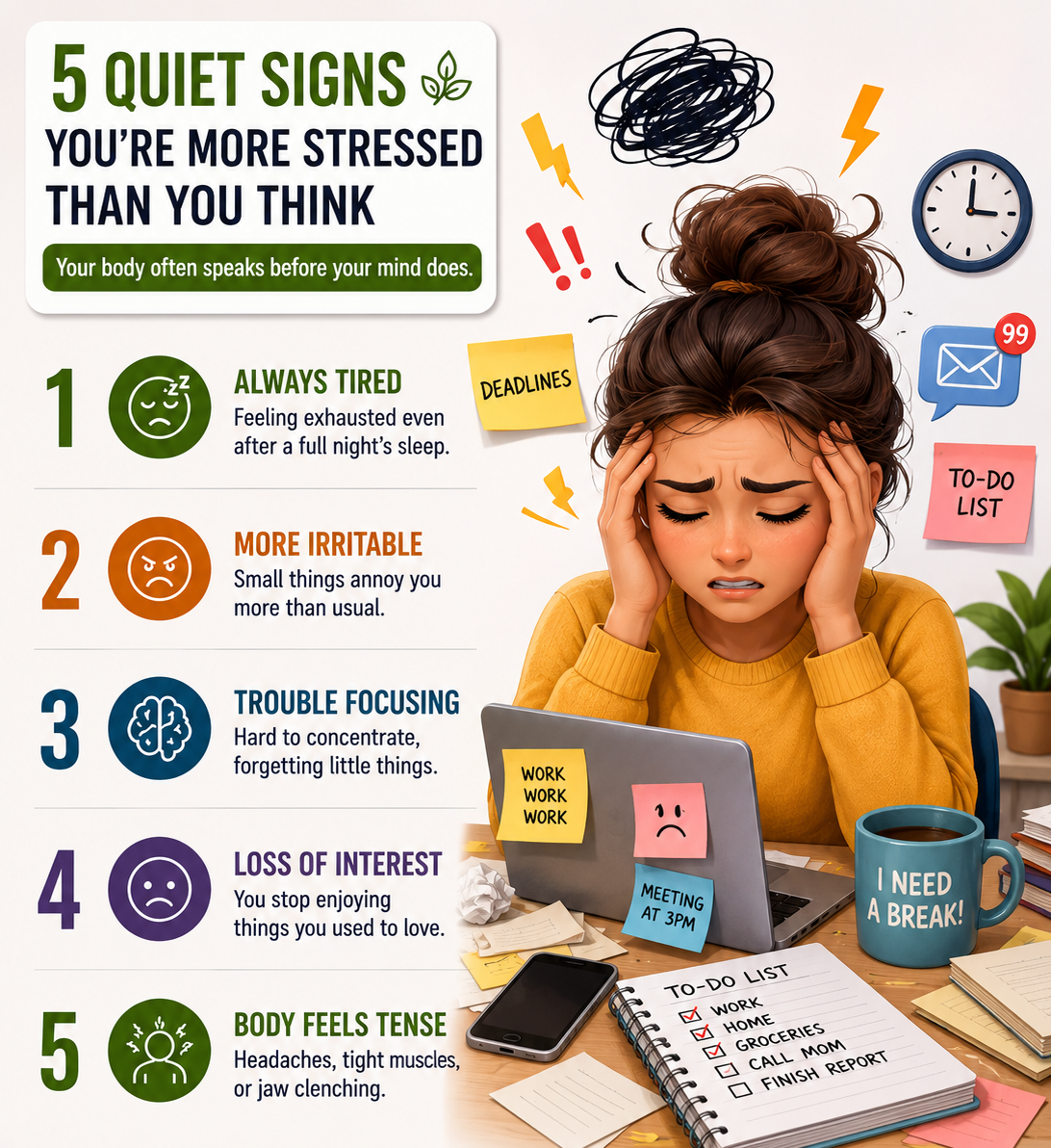 5 quiet signs of stress including fatigue, irritability, poor concentration, low interest, and muscle tension